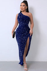 Robe longue de soirée asymétrique à paillettes scintillantes et fente haute - Bleu roi
